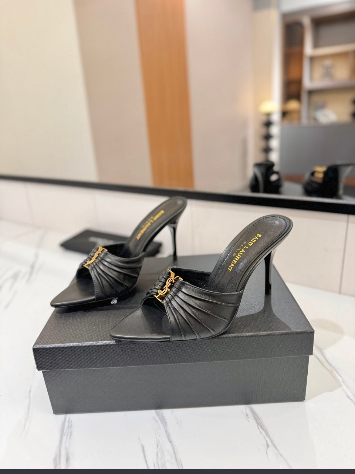 Women’s Black Square Toe Mule Heels – Elegant Slip-On Stiletto Sandals